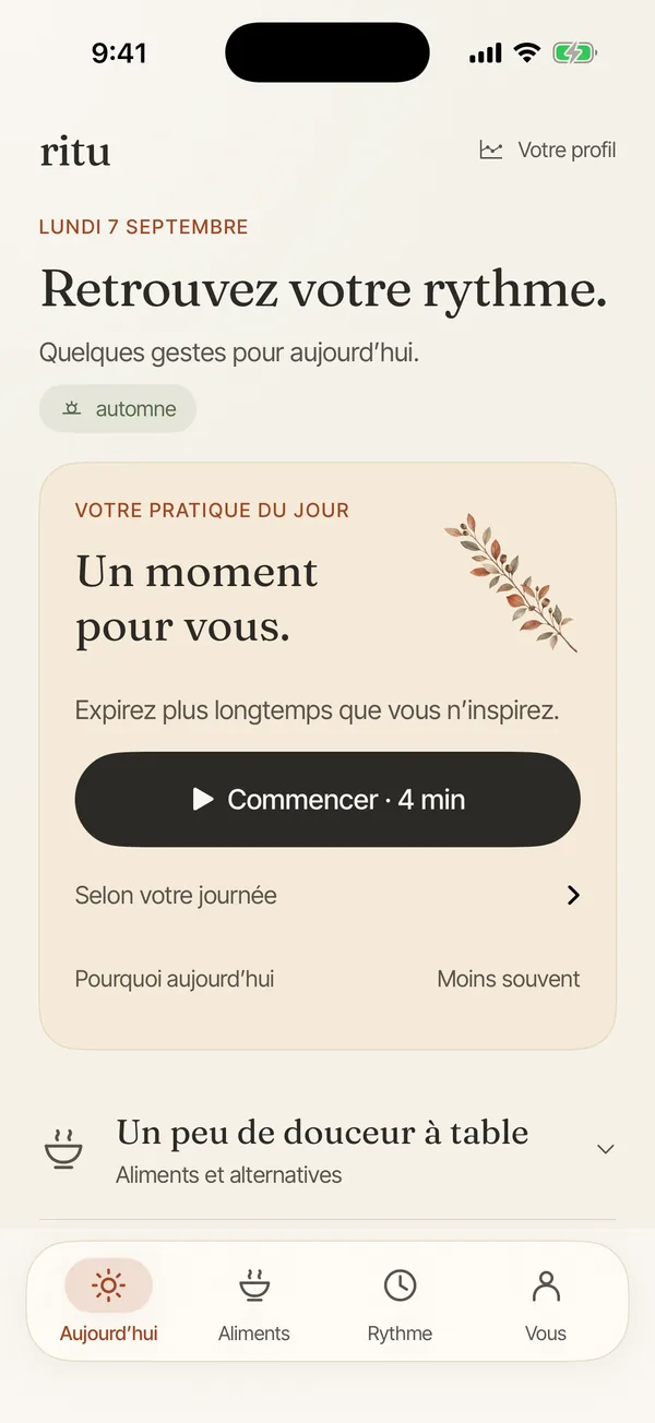 Aujourd’hui dans Ritu : une pratique guidée et des idées pour la journée. Données de démonstration.